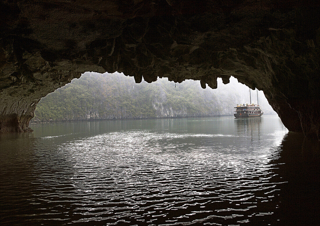 Chinese Junk Seen Through a Cave Entrance, Halong Bay, Quang Ninh, Vietnam