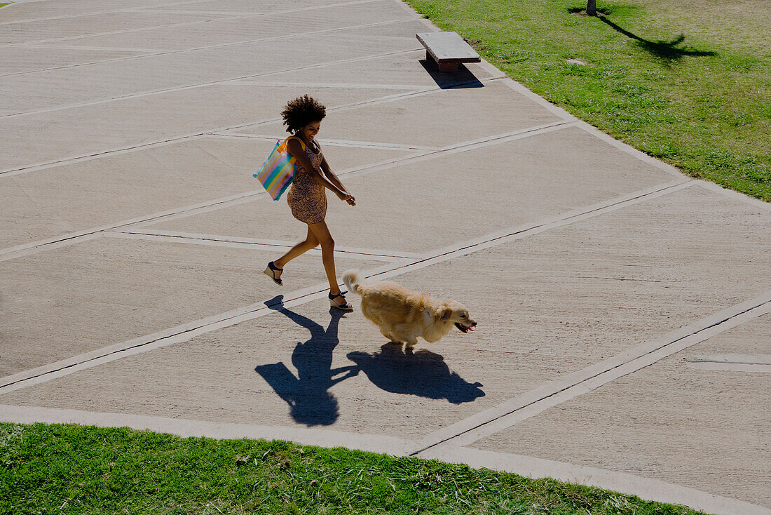 Woman walking dog in park, high angle view