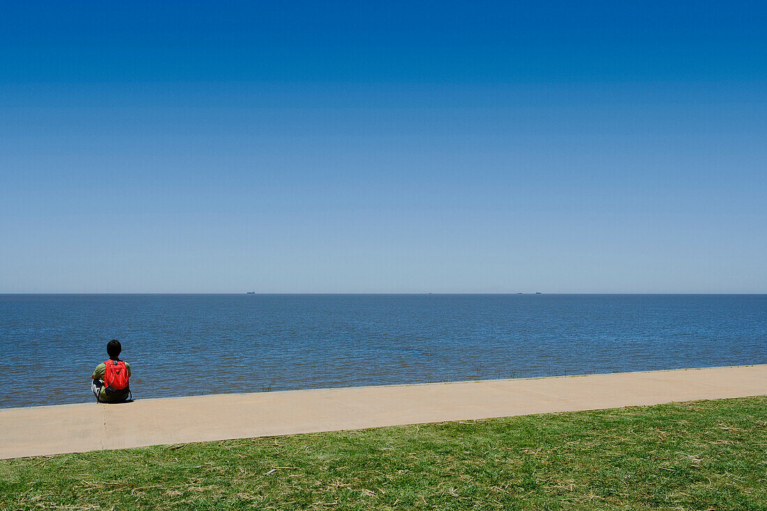 Man sitting on sidewalk, looking at sea, rear view