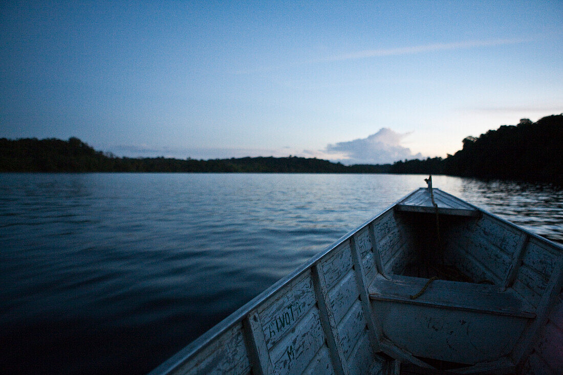 South America, Amazon, boat traveling down river, personal perspective
