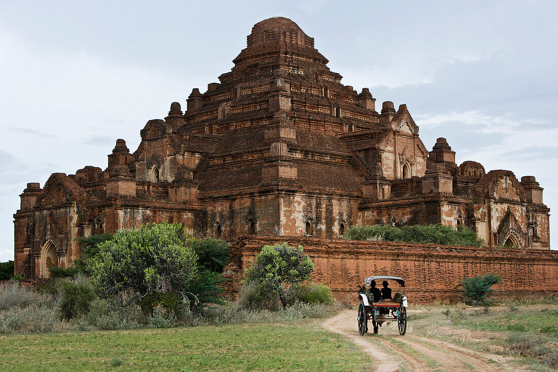 Bagan, Myanmar, horse-drawn carriage riding towards Dhammayangyi Temple
