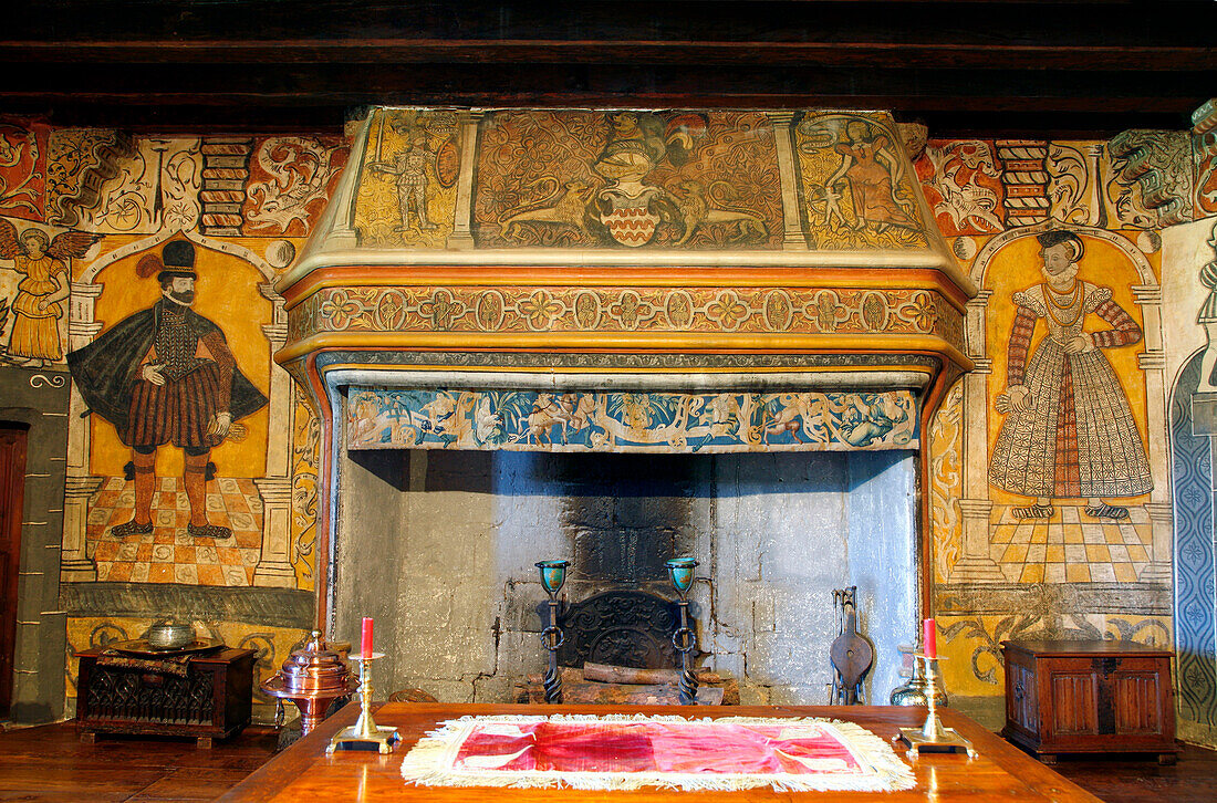 France, Auvergne, Cantal, Tournemire, Anjony castle (14th century), painting from 16th century, Michel d'Anjony and Germaine de Foix