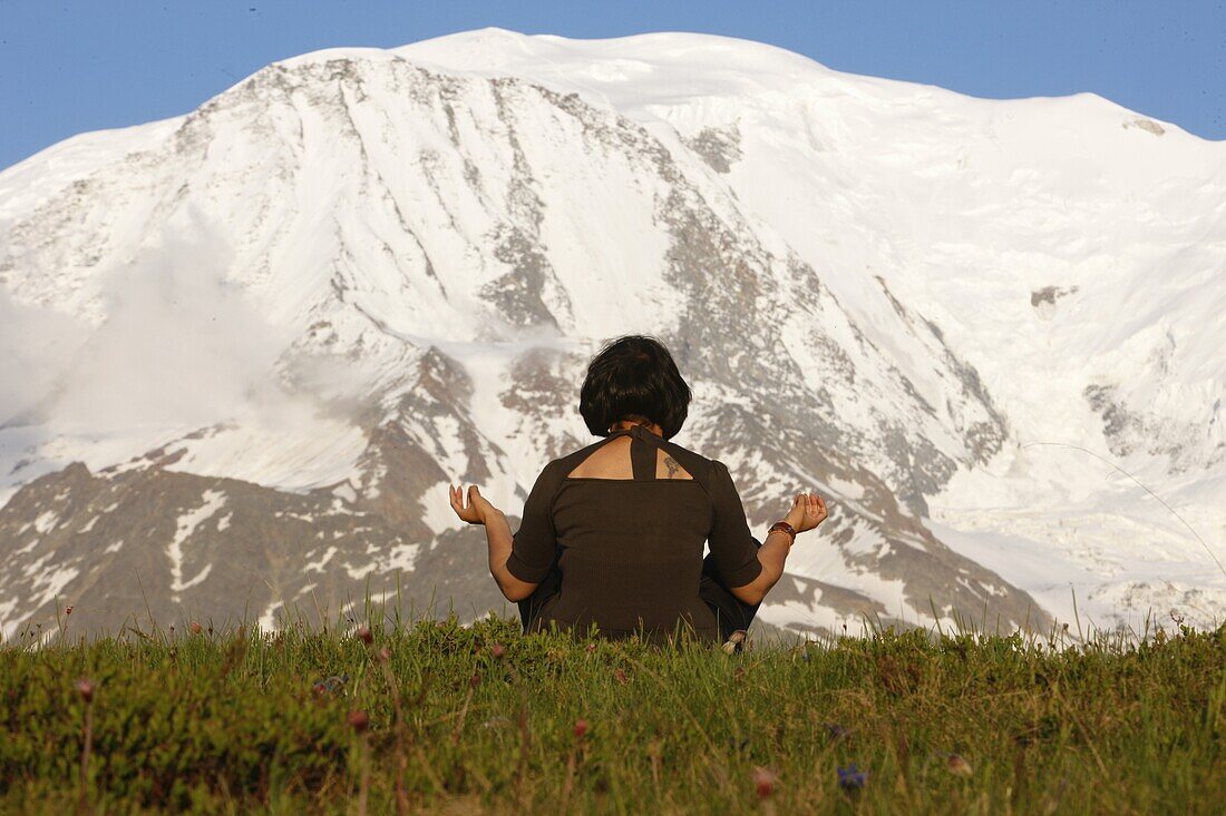 France, Saint-Gervais, Meditation in front of the Mont Blanc.