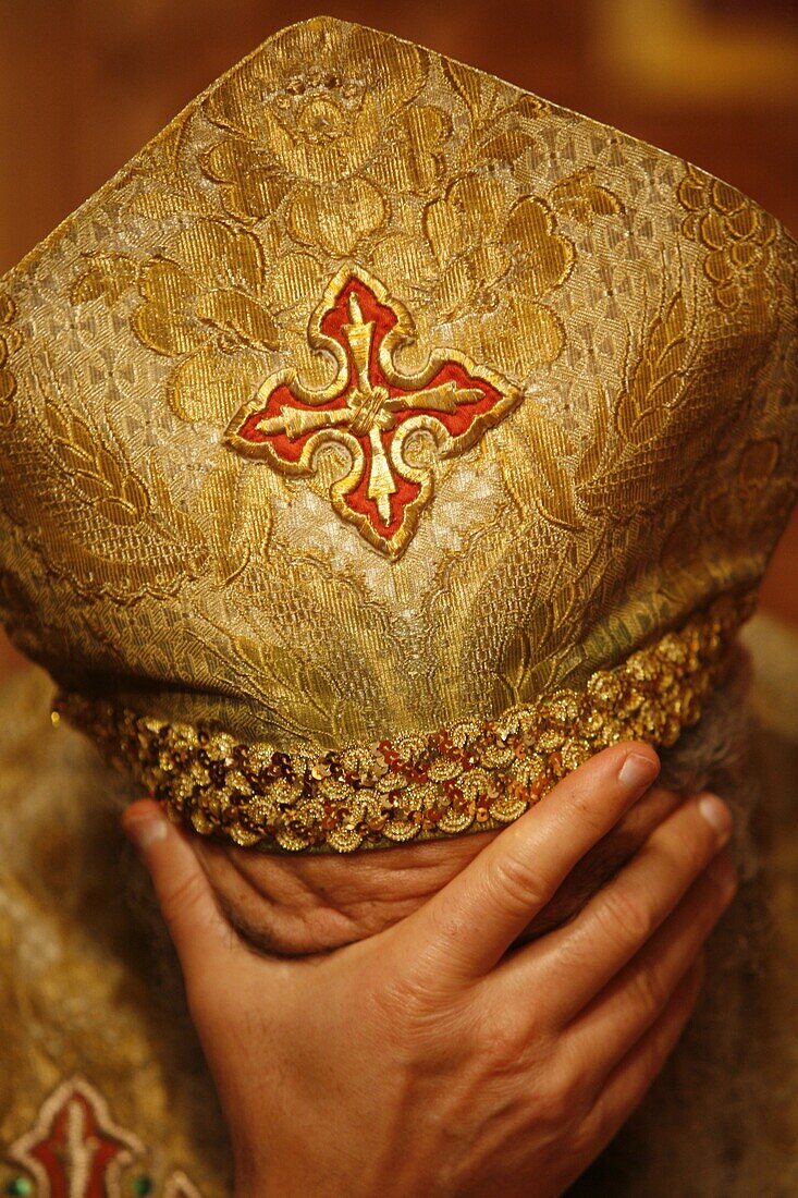 France, Chatenay-Malabry, Orthodox coptic priest praying