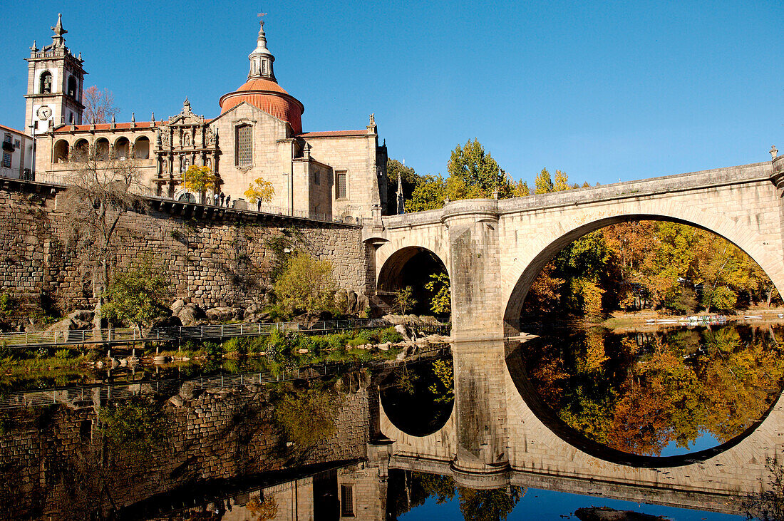 Historic centre. The Monastery of Sao Gonçalo (16th century). Amarante city on the River Tamega with an arched bridge crossing it. Porto e Norte region. Portugal/