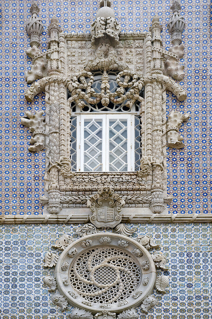 Manueline window. The Pena National Palace (Portuguese: Palácio Nacional da Pena) is the oldest palace of the European Romanticism. UNESCO World Heritage Site. Sintra. Coast of Lisbon. Portugal