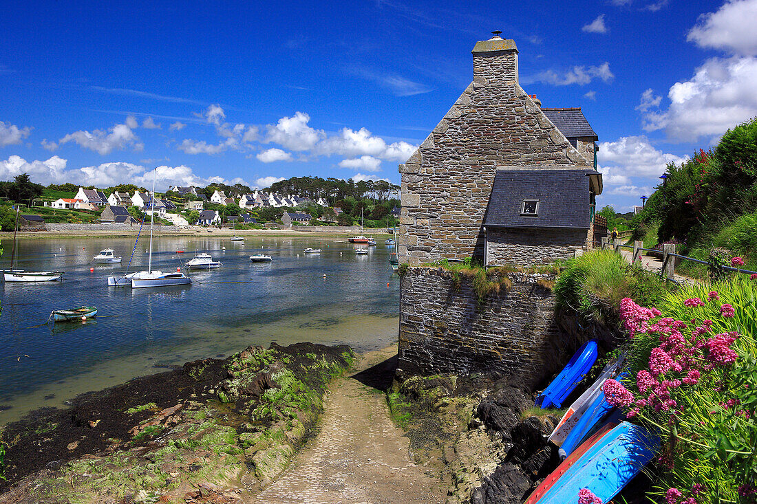 France, Brittany, Finistere, Le Conquet, boats, house and flowers