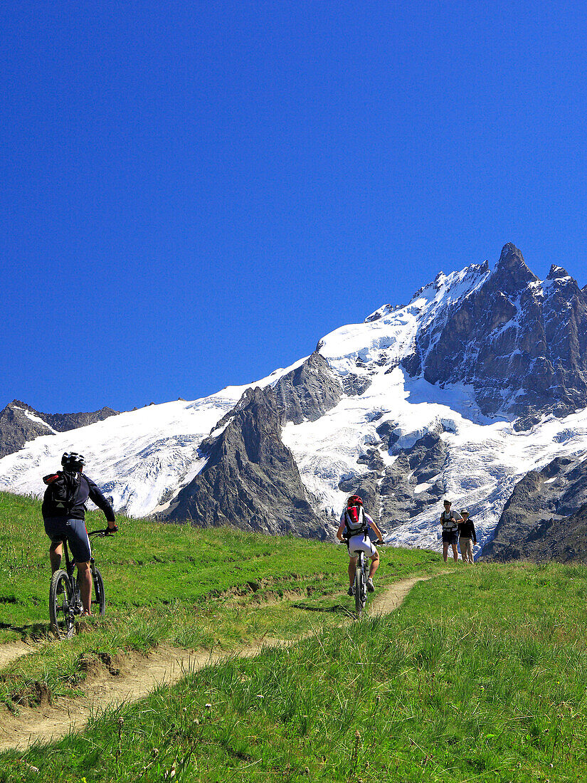 France, Alps, Hautes Alpes, Meije mountain in summer, hikers and mountain bikers