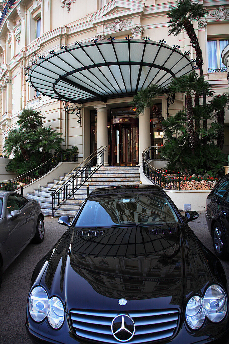 Monaco, Monte Carlo, Hotel de Paris entrance, luxury car