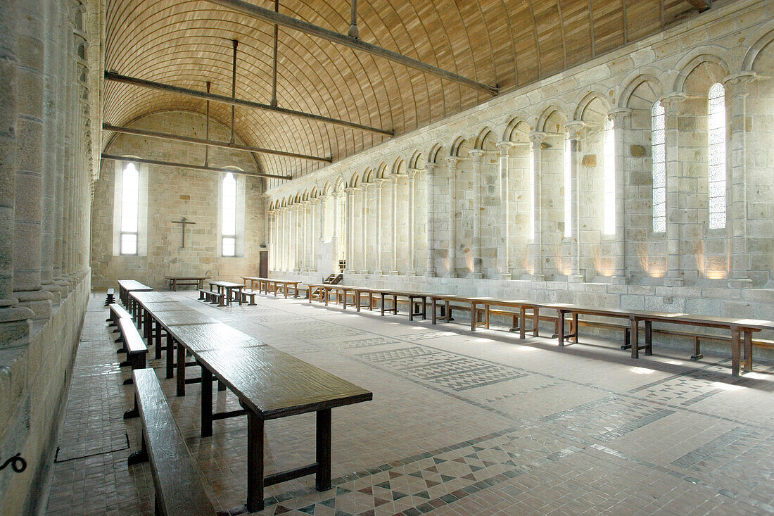 France, Normandy, Manche, Mont St Michel, abbey refectory