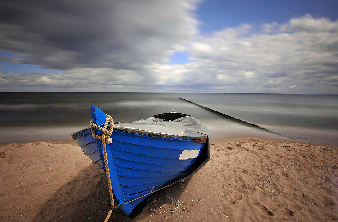 Fishing boat at Baltic Sea beach, Koserow, Usedom, Mecklenburg-Western Pomerania, Germany