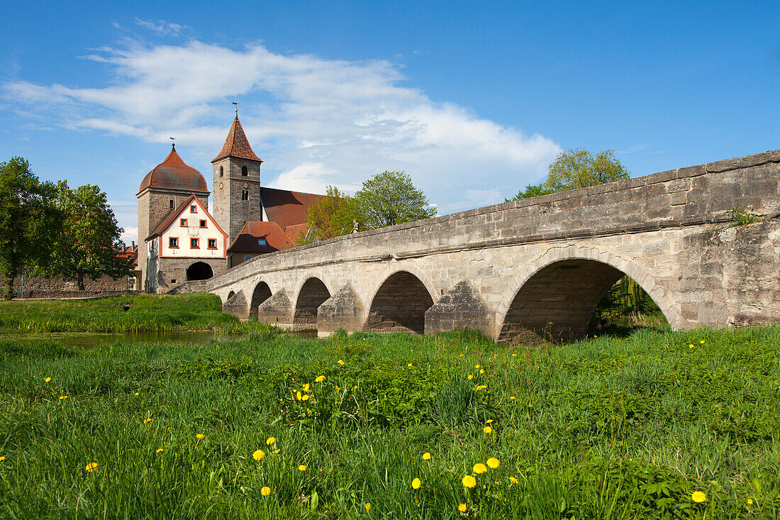 Bridge crossing the Altmühl river, view of town gate and church, Ornbau, Altmühl valley, Franconia, Bavaria, Germany, Europe