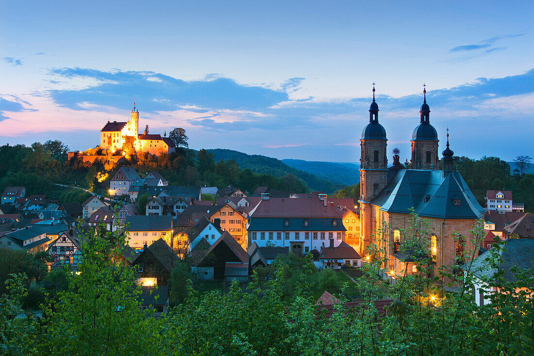 View of castle and basilica in the evening, Goessweinstein, Fraenkische Schweiz, Franconia, Bavaria, Germany, Europe
