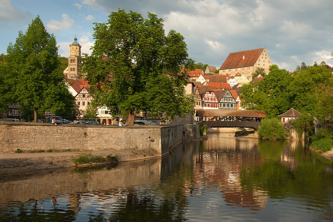 View across the Kocher river to the Old Town, Schwaebisch Hall, Hohenlohe region, Baden-Wuerttemberg, Germany, Europe