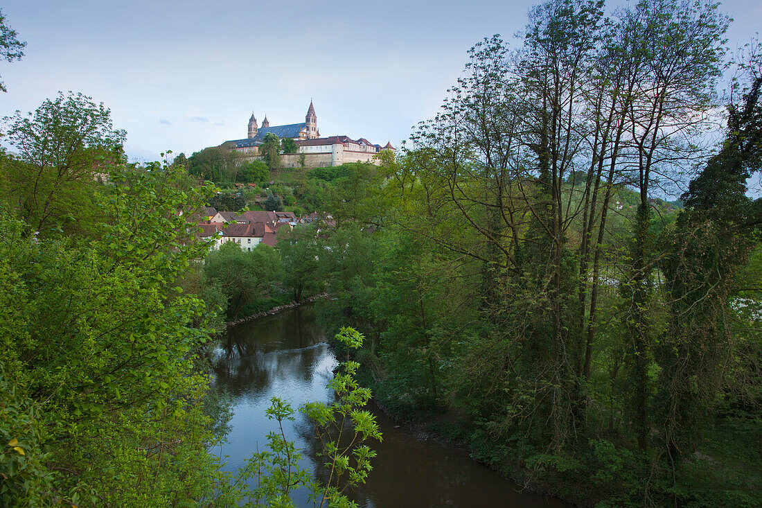 View across the Kocher to the Comburg, Schwaebisch Hall, Hohenlohe region, Baden-Wuerttemberg, Germany, Europe