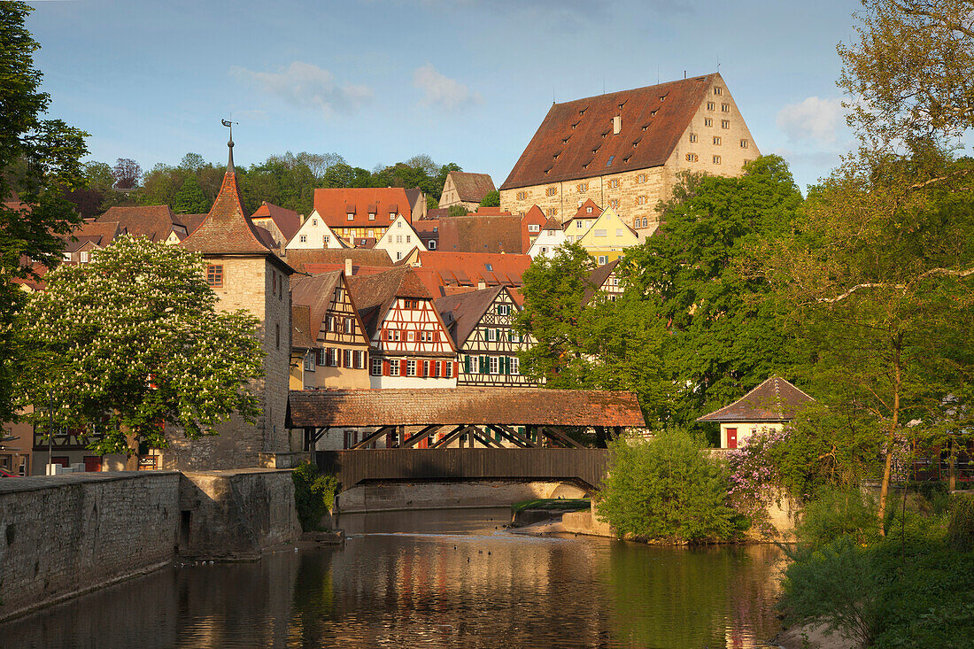 View across the Kocher river to the Old Town, Schwaebisch Hall, Hohenlohe region, Baden-Wuerttemberg, Germany, Europe