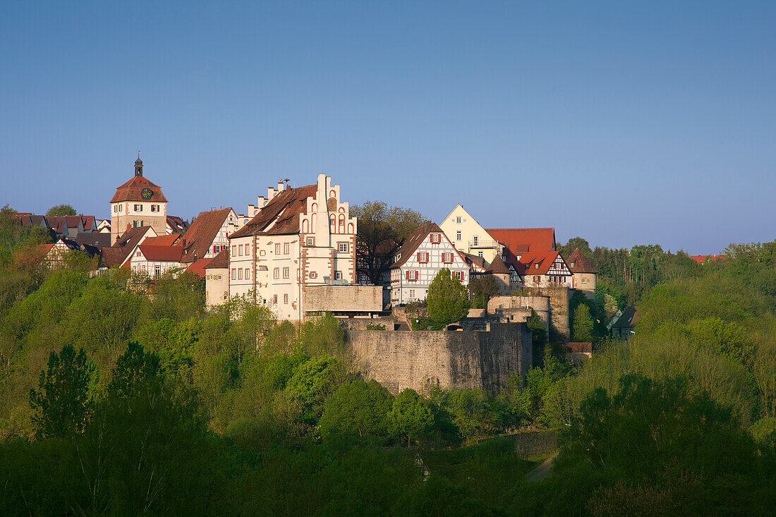 View to the castle and the tower in the sunlight, Vellberg, Hohenlohe region, Baden-Wuerttemberg, Germany, Europe