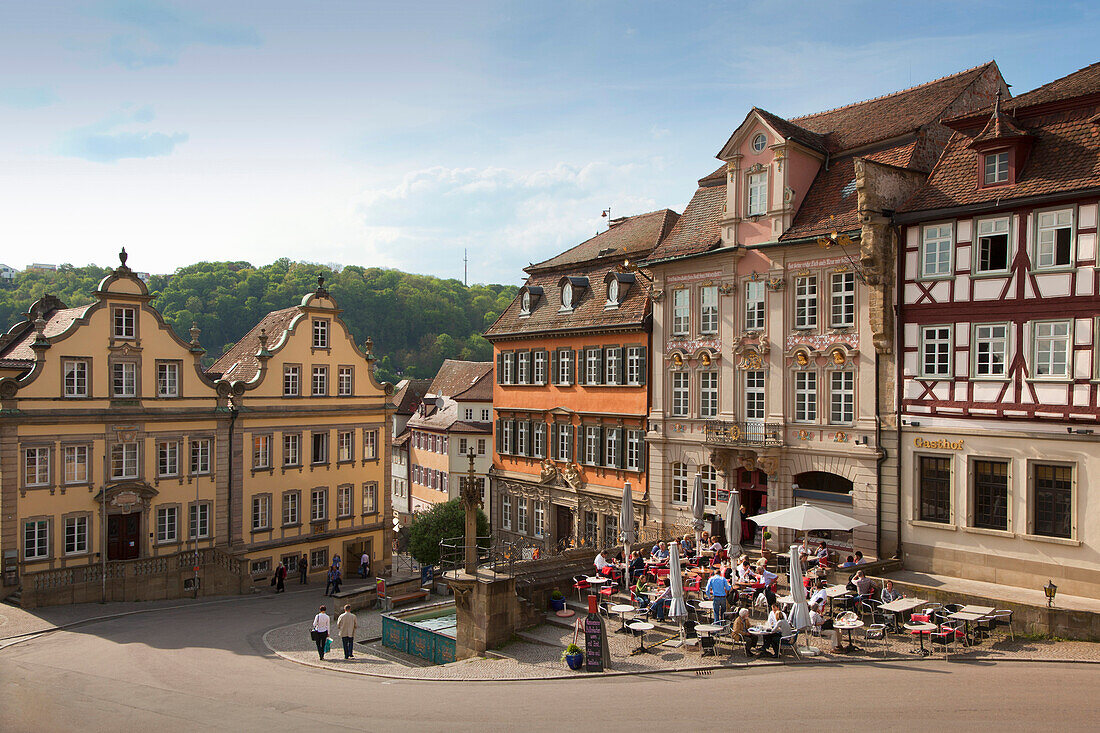 Street cafe and houses at historical marketplace, Schwaebisch Hall, Hohenlohe region, Baden-Wuerttemberg, Germany, Europe