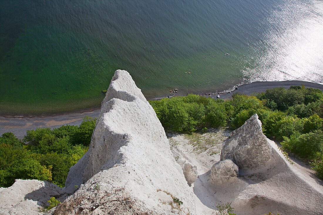 High angle view of chalk cliffs, Ruegen island, Jasmund National Park, Baltic Sea, Mecklenburg-West Pomerania, Germany, Europe
