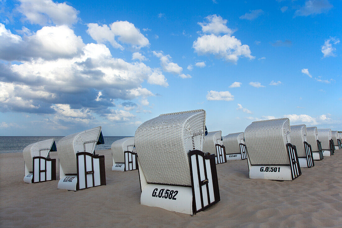 Beach chairs on the beach, Baabe seaside resort, Ruegen island, Baltic Sea, Mecklenburg-West Pomerania, Germany