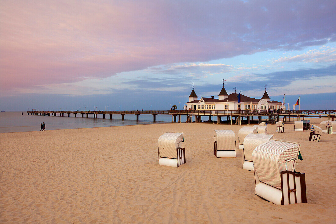 Beach chairs and pier in the evening, Ahlbeck seaside resort, Usedom island, Baltic Sea, Mecklenburg-West Pomerania, Germany, Europe