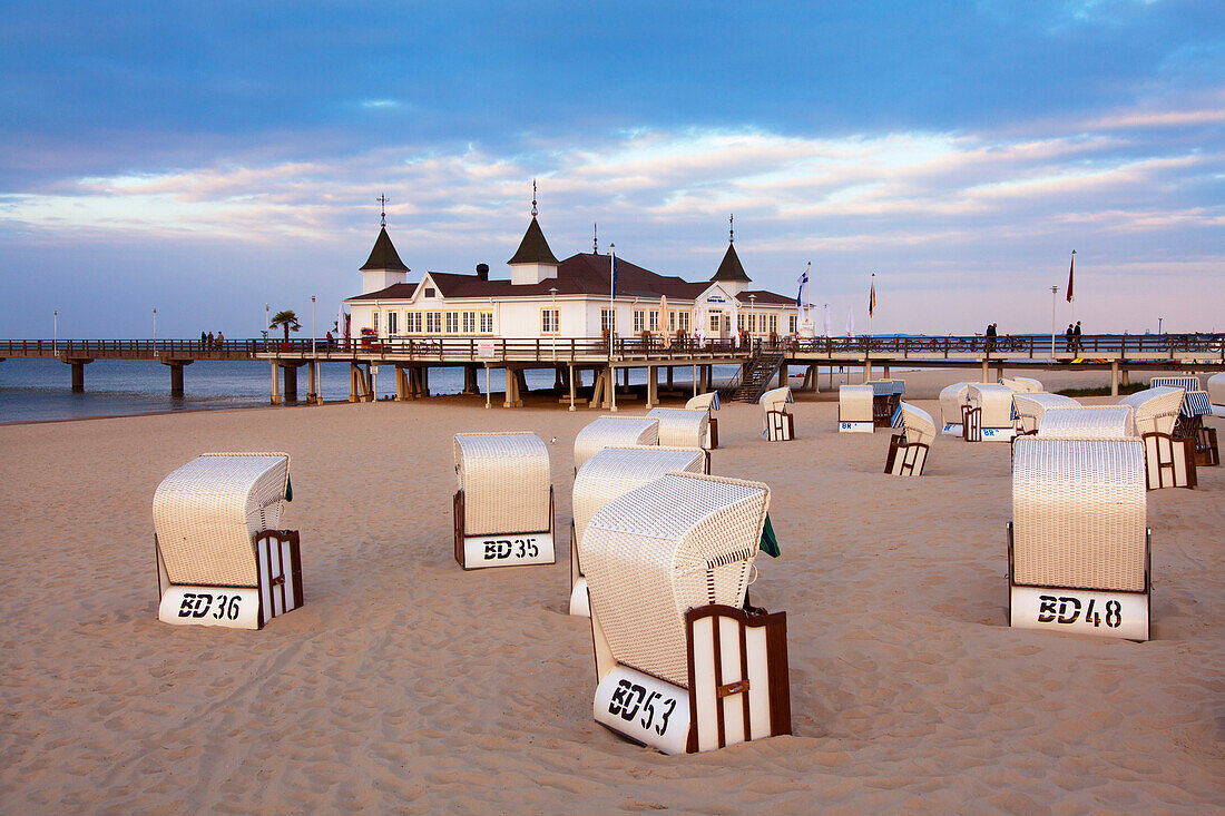 Beach chairs and pier in the evening, Ahlbeck seaside resort, Usedom island, Baltic Sea, Mecklenburg-West Pomerania, Germany