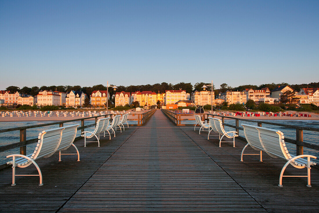 Benches on the pier, Bansin seaside resort, Usedom island, Baltic Sea, Mecklenburg-West Pomerania, Germany