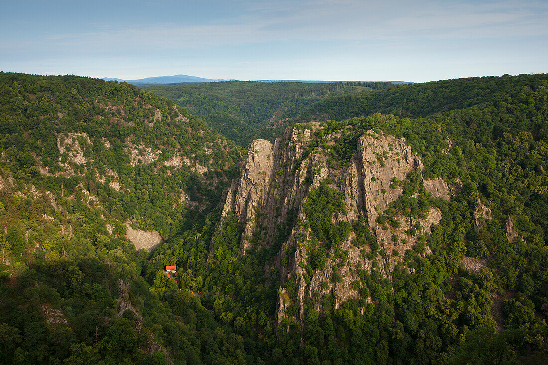 View from Hexentanzplatz over the Bode valley to Rosstrappe rock, near Thale, Harz mountains, Saxony-Anhalt, Germany