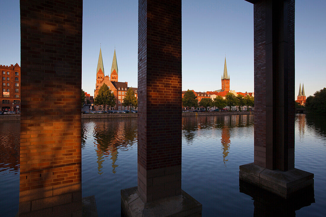 View over harbor to old town with St. Mary's church and church of St Peter, Hanseatic City of Luebeck, Schleswig Holstein, Germany