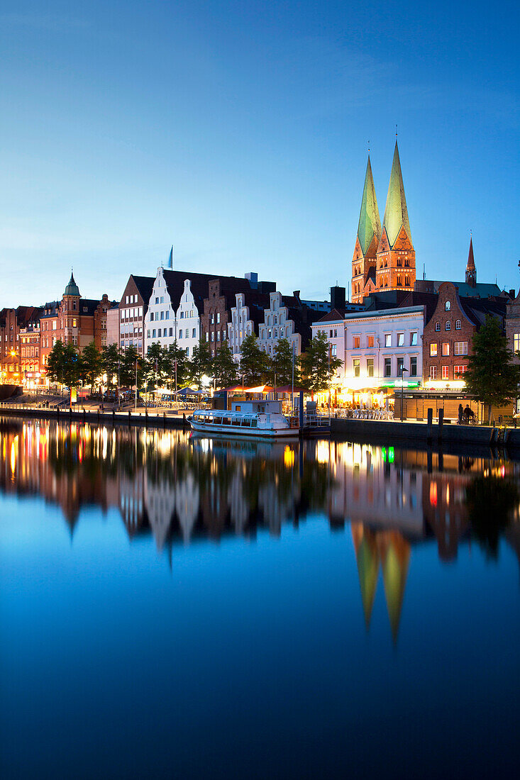 View over river Trave to old town with St. Mary' s church, Hanseatic City of Luebeck, Schleswig Holstein, Germany