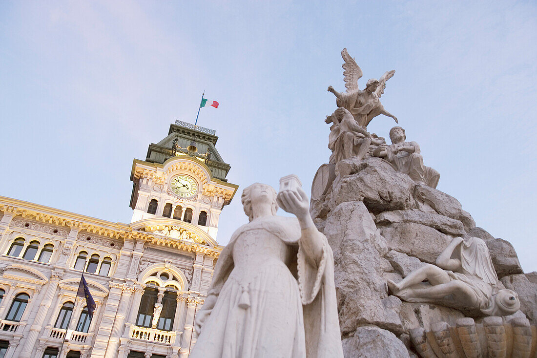 Fountain in front of Town Hall at Piazza dell'Unita d'Italia Square, Trieste, Friuli-Venezia Giulia, Italy