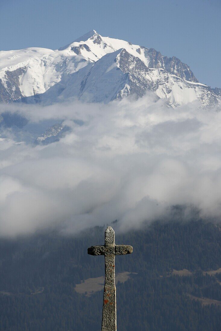 France, Saint-Gervais, Cross facing Mont Blanc