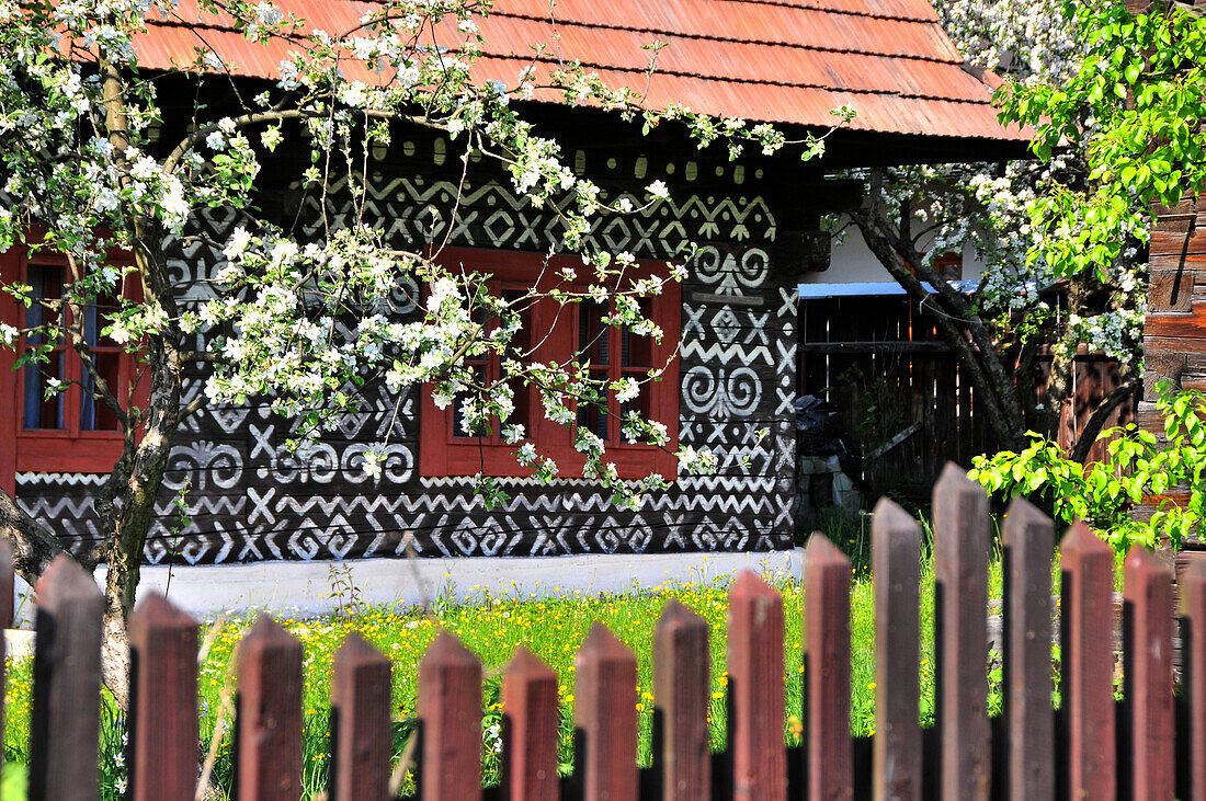 Bemaltes Holzhaus in Cicmany, West- Slowakei, Europa
