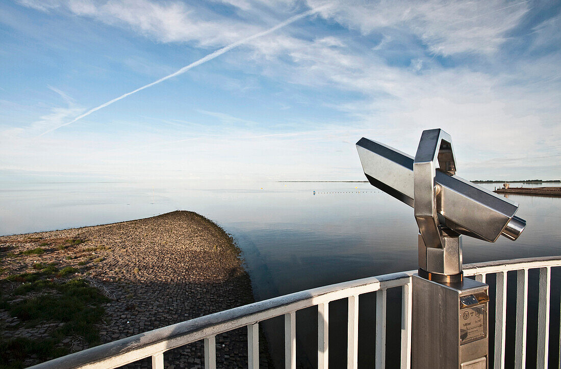 Coin operated binoculars in front of Eider barrage, St. Peter-Ording, Schleswig Holstein, Germany, Europe