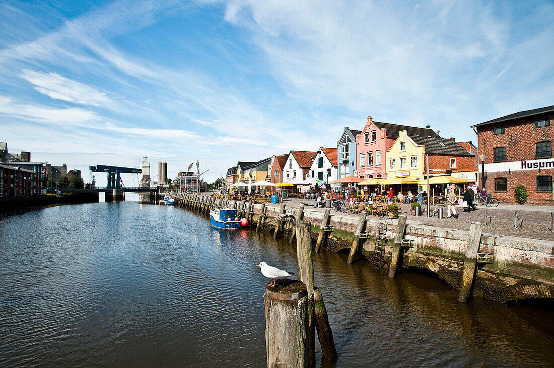 Altstadt und alter Hafen unter Wolkenhimmel, Husum, Schleswig Holstein, Deutschland, Europa