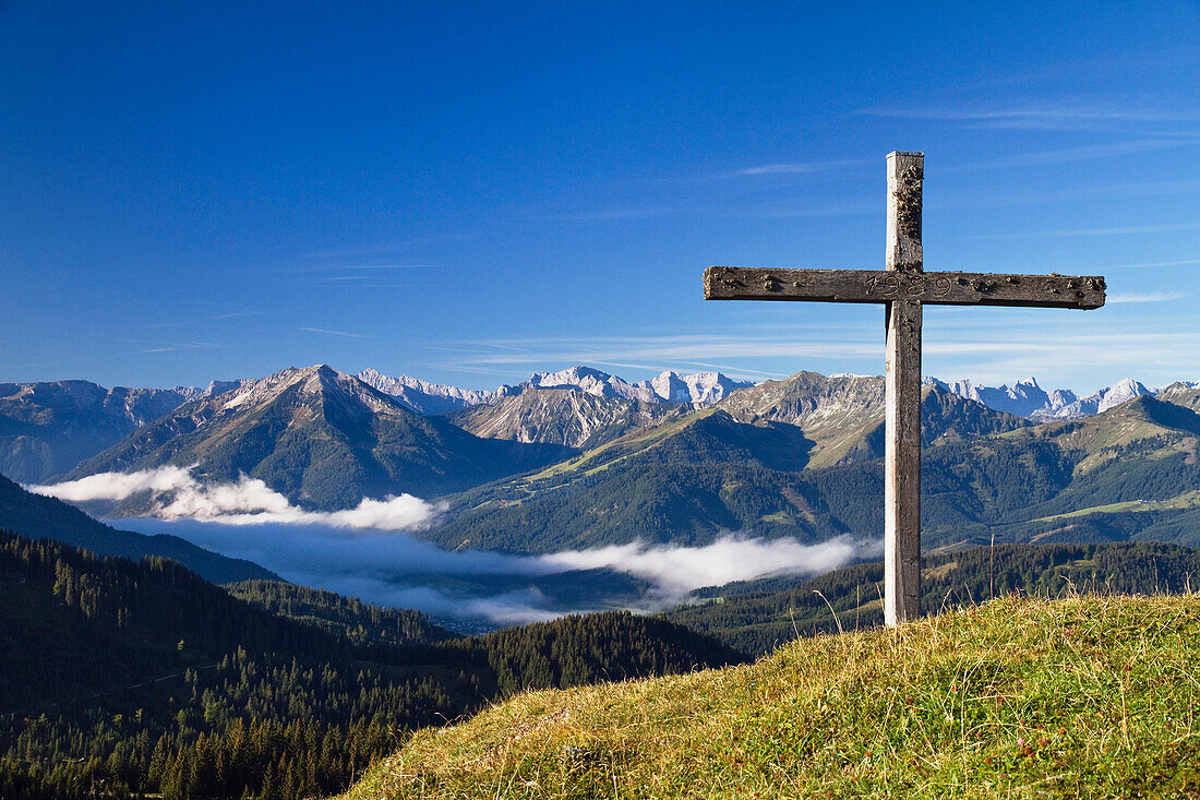 View from summit cross near Blauberg hut  onto Achental Valley, Alps, Austria, Europe