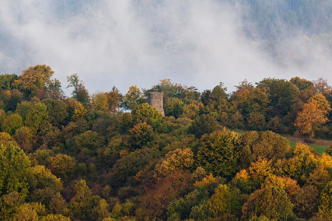 Luftbild des Dronketurms in herbstlichem Wald bei Nebel, Landkreis Daun, Rheinland Pfalz, Deutschland, Europa