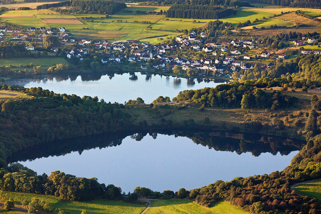 Aerial view of maars, Dauner Maare and Schalkenmehrener Maar, rural district of Daun, Rhineland Palatinate, Germany, Europe