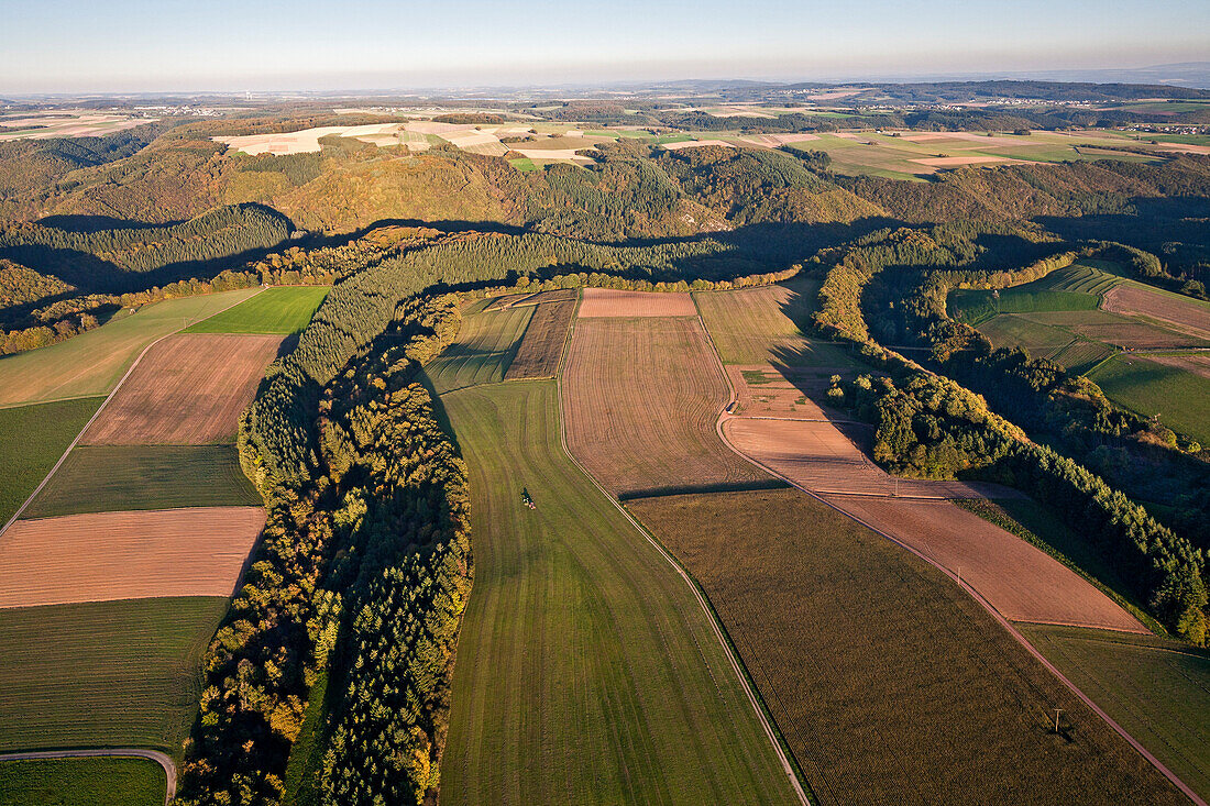 Aerial view of fields and acres in the evening light, Eifel, Rhineland Palatinate, Germany, Europe