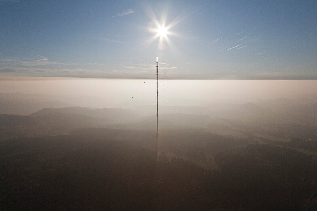 Aerial view of transmitting mast Scharteberg above sea of fog in the sunlight, Eifel, Rhineland Palatinate, Germany, Europe
