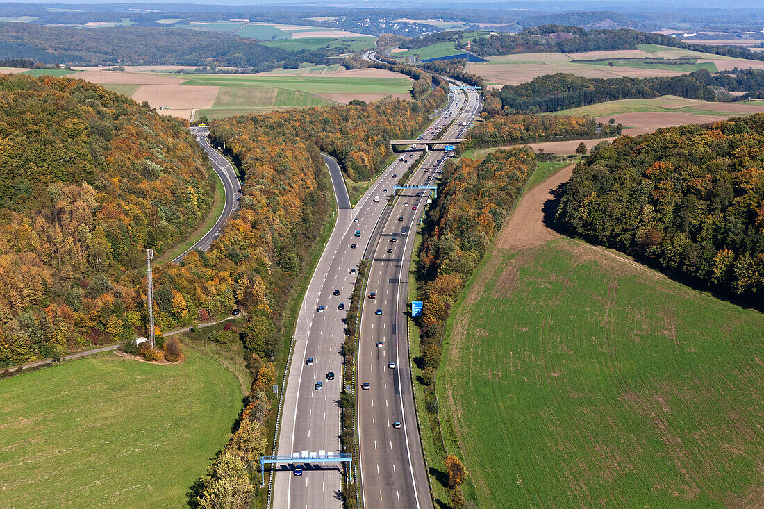 Aerial view of motorway A 48 in autumn, Eifel, Rhineland Palatinate, Germany, Europe