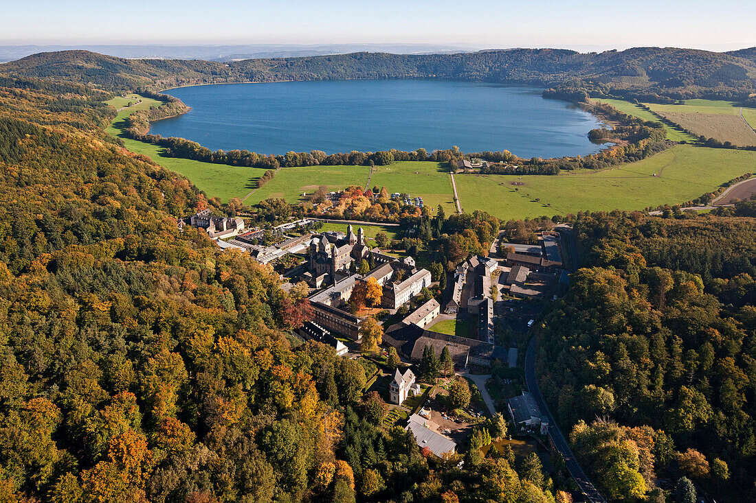 Aerial view of Benedictine abbey at Lake Laach, Maria Laach Abbey, Eifel, Rhineland Palatinate, Germany, Europe