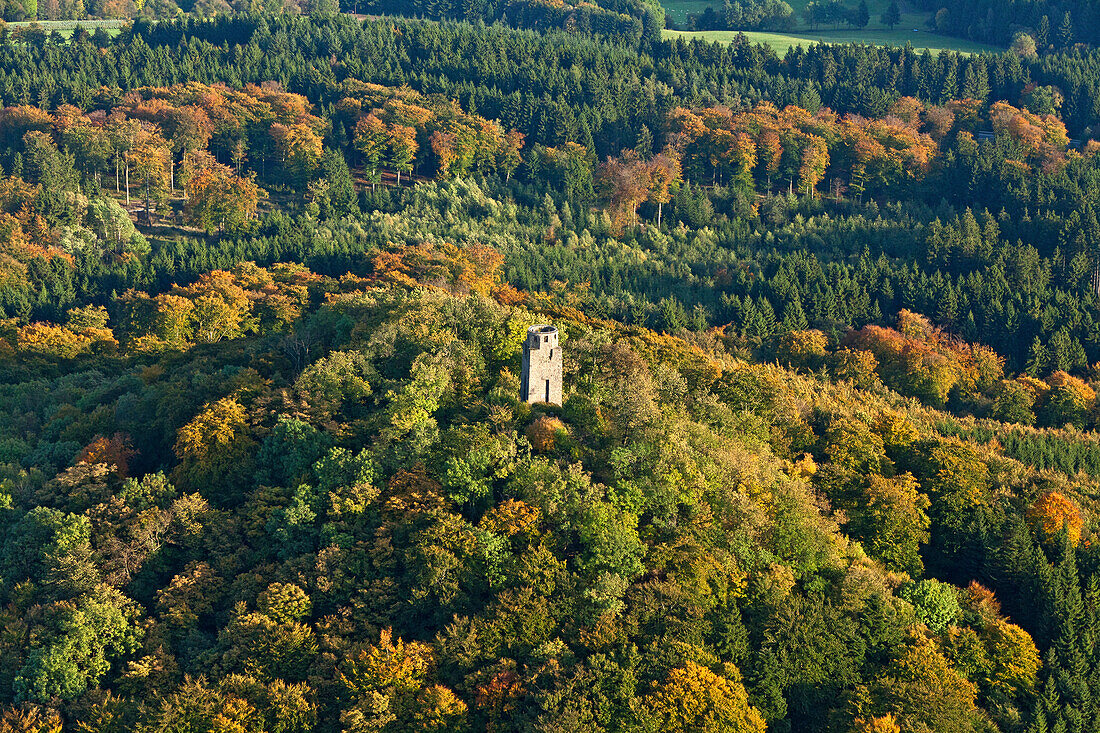 Aerial view of Kaiser Wilhelm tower, Hohe Acht is the highest mountain in the Eifel region, a tertiary volcano, Eifel, Rhineland Palatinate, Germany, Europe