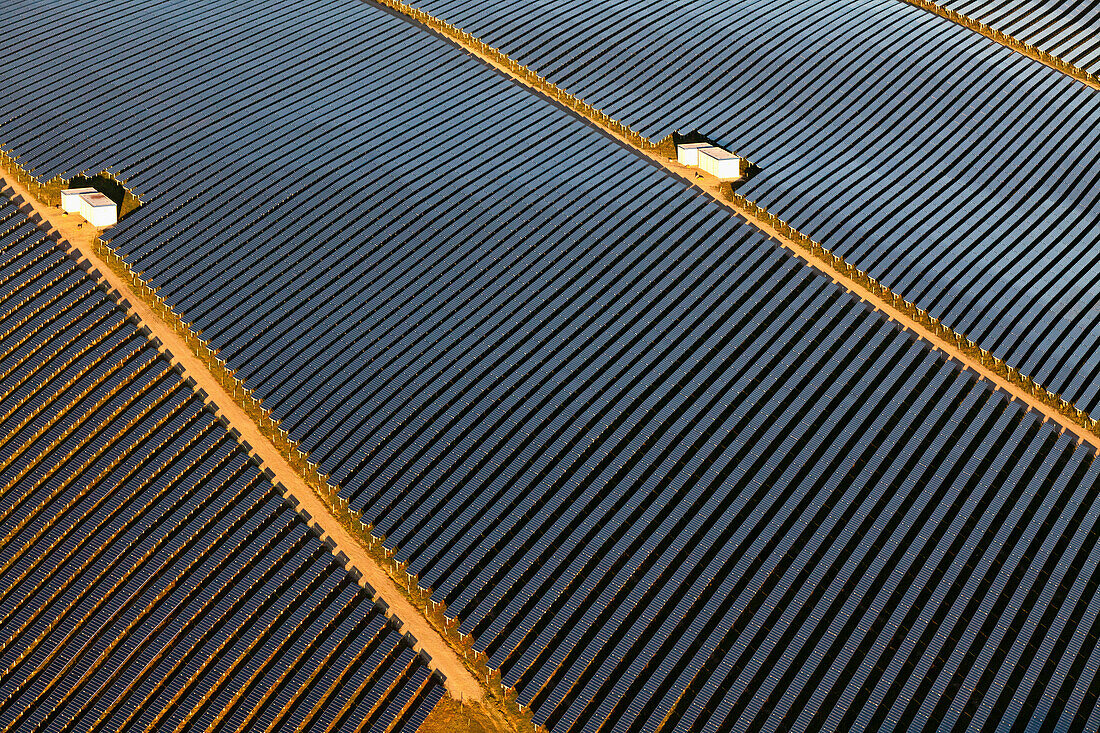 Aerial view of solarpark in the sunlight, Schweich, Eifel, Rhineland Palatinate, Germany, Europe