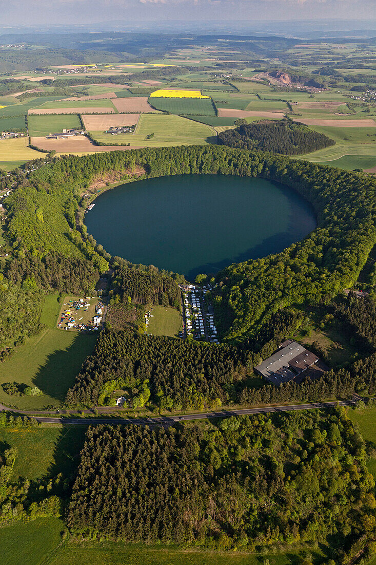 Aerial view of Pulver Maar at Vulkan Eifel, rural district of Daun, Vulkaneifel, Eifel, Rhineland Palatinate, Germany, Europe