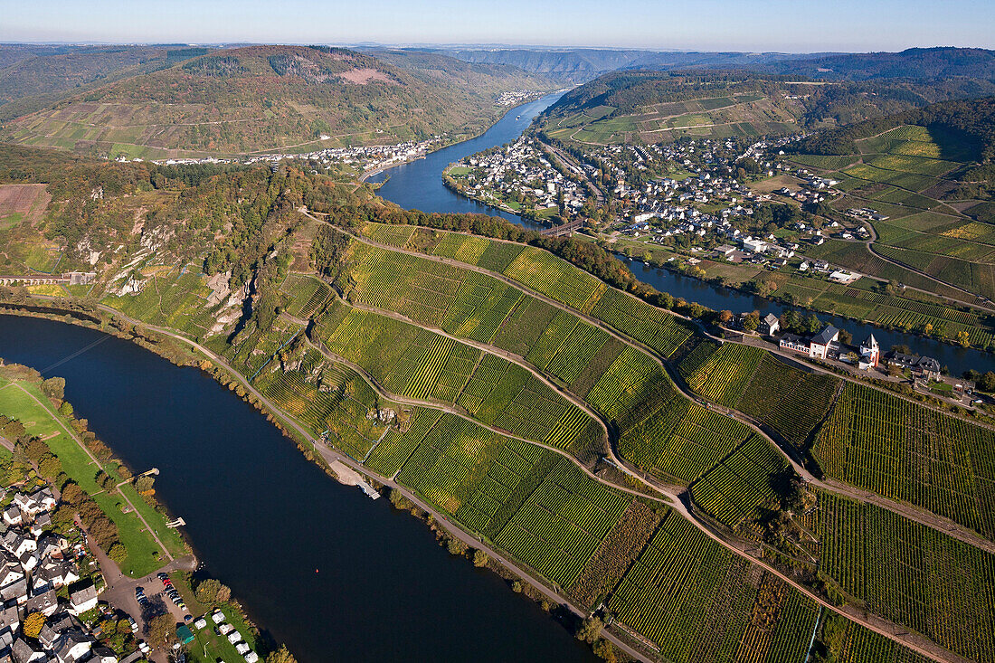 Aerial view of the Moselle river at Bullay and Puenderich, Eifel, Rhineland Palatinate, Gemany, Europe