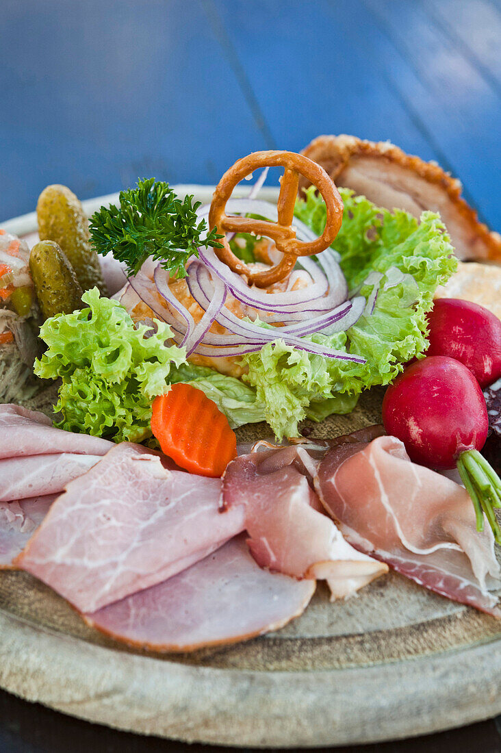 Meal of bread, cold cuts, cheese and salad, Weltenburg, Bavaria, Germany, Europe