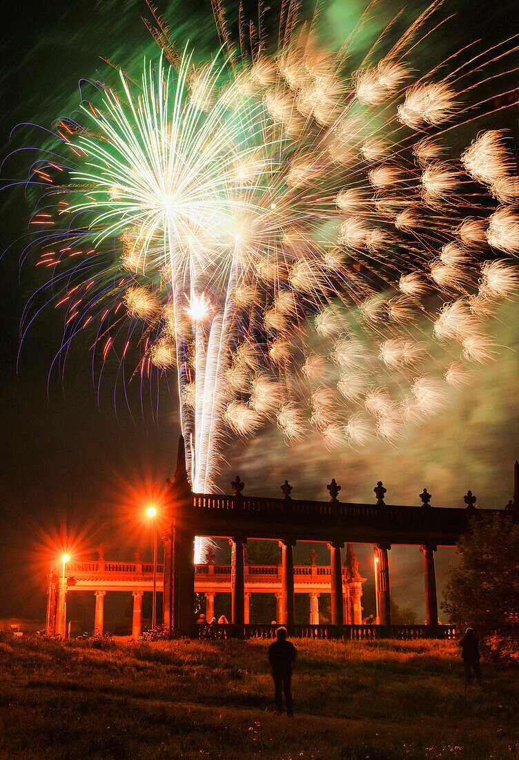 Colonnades at the Glienicke Bridge, Firework display at Agent Night, Potsdam, Land Brandenburg, Germany