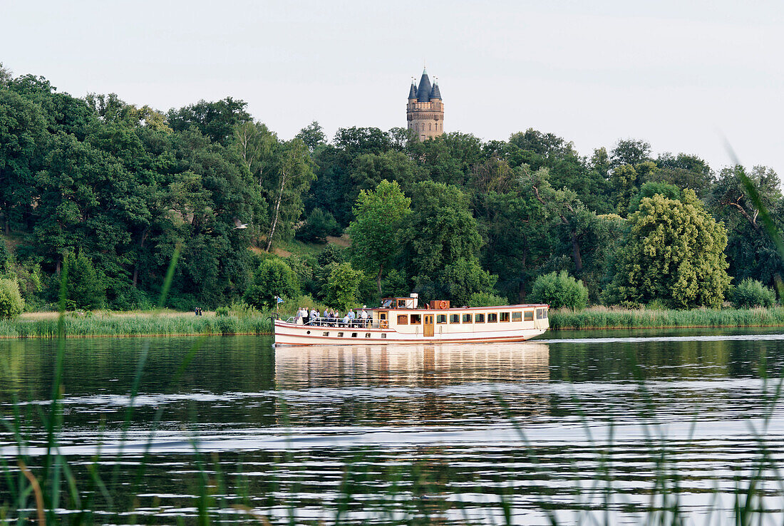 Havel, Tiefer See lake with passenger boat Fridericus Rex, Flatow Tower and Babelsberger Park in the background, Babelsberg, Potsdam, Land Brandenburg, Germany