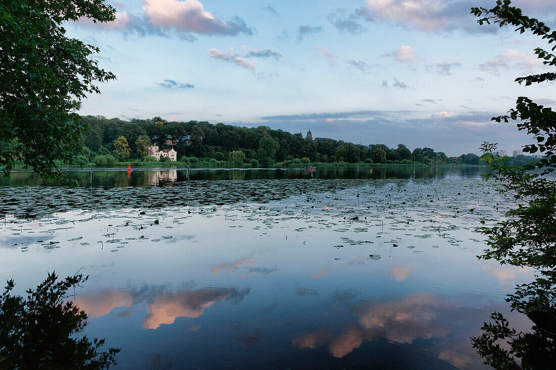 Tiefer See lake of the Havel, small castle and Flatow Tower in the background, Babelsberger Park, Potsdam, Land Brandenburg, Germany